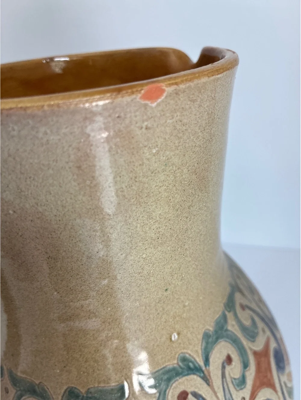 Vintage 12” Hand Painted Art Pottery Jug Majolica Style Floral Pitcher Signed